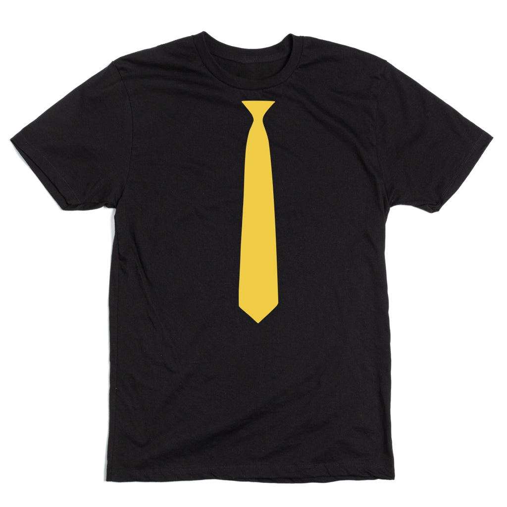 Black RAYGUN t-shirt with a gold tie printed on the front.