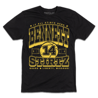 Black tee with yellow ink that reads "It all Stirtz here. Bennet Stirtz. Guard. Liberty, Missouri" over an illustration of a basketball court with a giant basketball in the center and the number 14.