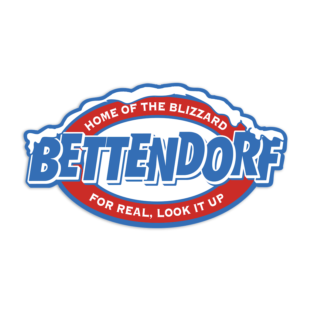 Oval RAYGUN logo reading Bettendorf, Home of the Blizzard, For Real, Look It Up in blue and red text with a snow-capped border.