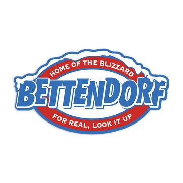 Oval RAYGUN logo reading Bettendorf, Home of the Blizzard, For Real, Look It Up in blue and red text with a snow-capped border.