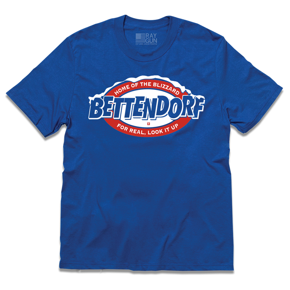 A short sleeve royal blue t-shirt with white and red ink print that reads "Bettendorf: Home of the Blizzard. For real, look it up."