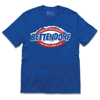 A short sleeve royal blue t-shirt with white and red ink print that reads "Bettendorf: Home of the Blizzard. For real, look it up."