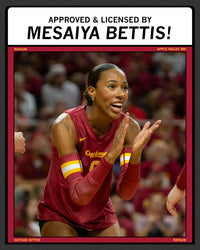 Volleyball player Mesaiya Bettis in a maroon jersey clapping on the court, wearing a black t-shirt, with the text Approved & licensed by Mesaiya Bettis! above the image.