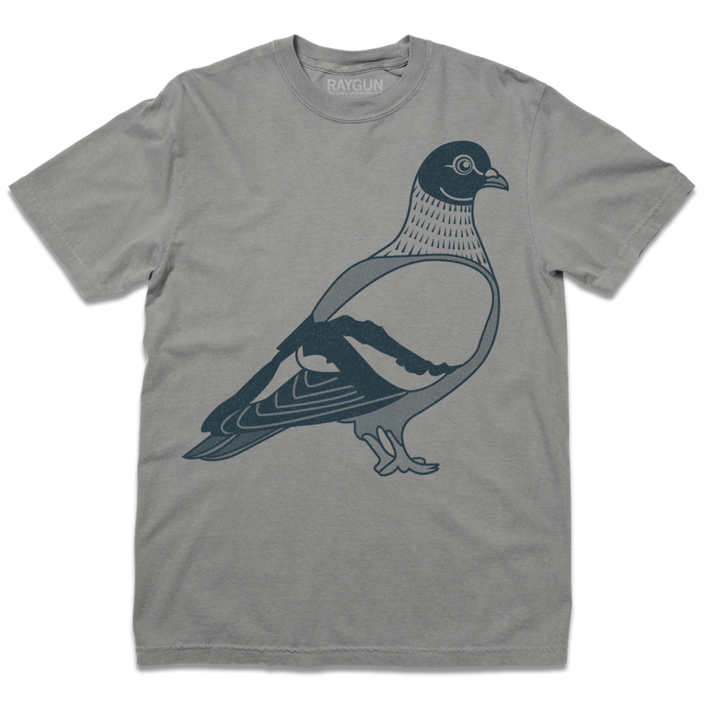 A grey heavyweight t-shirt with denim colored ink depicting a giant pigeon.