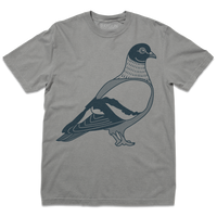 A grey heavyweight t-shirt with denim colored ink depicting a giant pigeon.