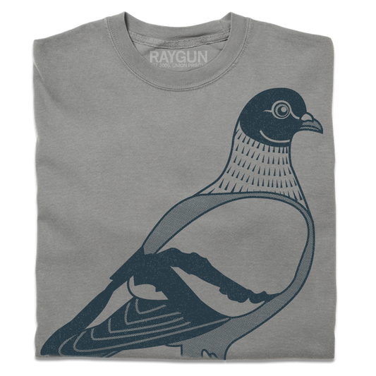 A folded grey heavyweight t-shirt with denim colored ink depicting a giant pigeon with it's wings tucked back.