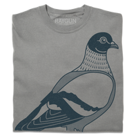 A folded grey heavyweight t-shirt with denim colored ink depicting a giant pigeon with it's wings tucked back.