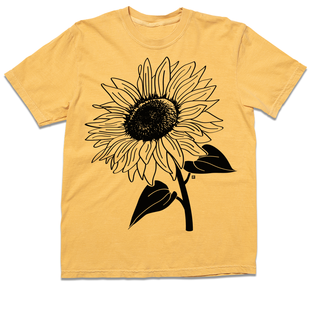 Mustard yellow, garment-dyed heavyweight t-shirt featuring a black line-art illustration of a sunflower.