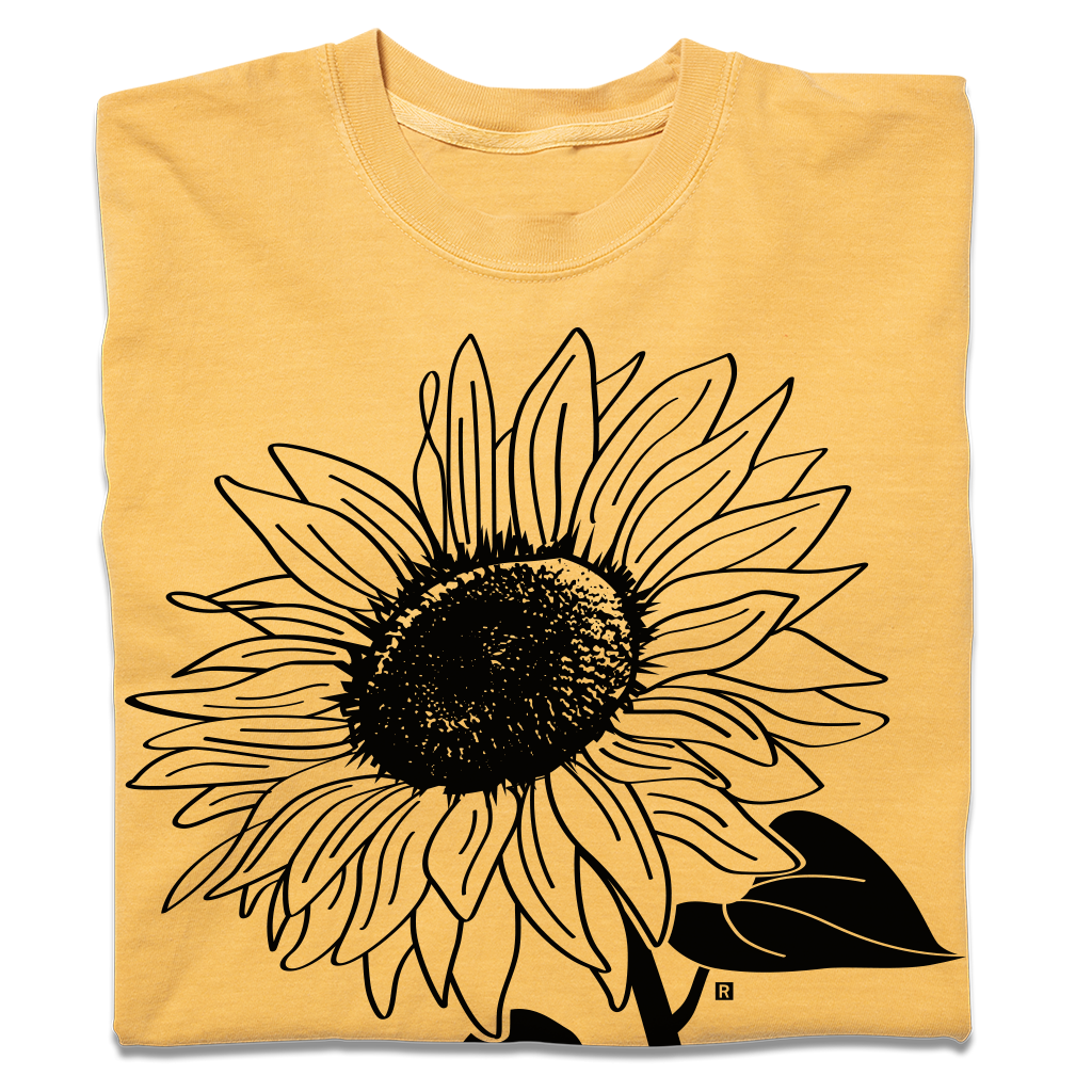 Mustard yellow heavyweight t-shirt made from 100% combed ringspun cotton, featuring a black line-art sunflower graphic.