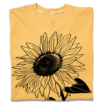 Mustard yellow heavyweight t-shirt made from 100% combed ringspun cotton, featuring a black line-art sunflower graphic.