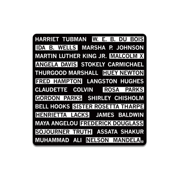 A square black sticker with rounded edges and white text that reads 