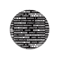 A black circular button covered in white text that says, "Harriet Tubman, W. E. B. Du Bois, Ida B. Wells, Marsha P. Johnson, Martin Luther King Jr., Malcom X, Angela Davis, Stokely Carmichael, Thurgood Marshall, Huey Newton, Fred Hampton, Langston Hughes, Claudette Colvin, Rosa Parks, Gordon Parks, Shirley Chisholm, Bell Hooks, Sister Rosetta Tharpe, Henrietta Lacks, James Baldwin, Maya Angelou, Fredrick Douglas, Sojourner Truth, Assata Shakur, Muhammad Ali, Nelson Mandela"