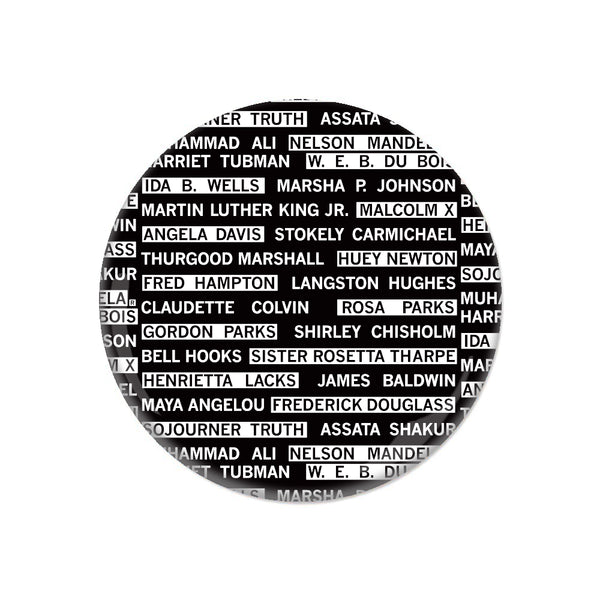 A black circular button covered in white text that says, 