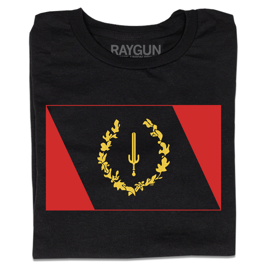 Black t-shirt featuring a rectangular design of a red and black American Heritage Flag, with a central gold emblem of a sword surrounded by a laurel wreath.