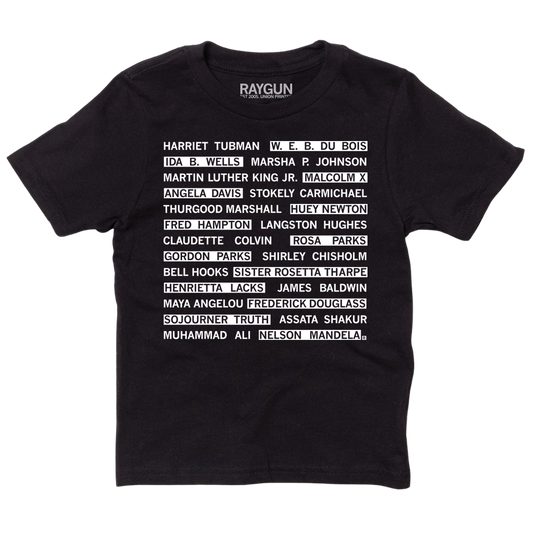 A black youth t-shirt with white ink that reads "Harriet Tubman, W. E. B. Du Bois, Ida B. Wells, Marsha P. Johnson, Martin Luther King Jr., Malcom X, Angela Davis, Stokely Carmichael, Thurgood Marshall, Huey Newton, Fred Hampton, Langston Hughes, Claudette Colvin, Rosa Parks, Gordon Parks, Shirley Chisholm, Bell Hooks, Sister Rosetta Tharpe, Henrietta Lacks, James Baldwin, Maya Angelou, Fredrick Douglas, Sojourner Truth, Assata Shakur, Muhammad Ali, Nelson Mandela"