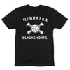 Black volleyball blackshorts t-shirt with NEBRASKA printed above a volleyball crossed with two bones, and BLACKSHORTS printed below in white text.
