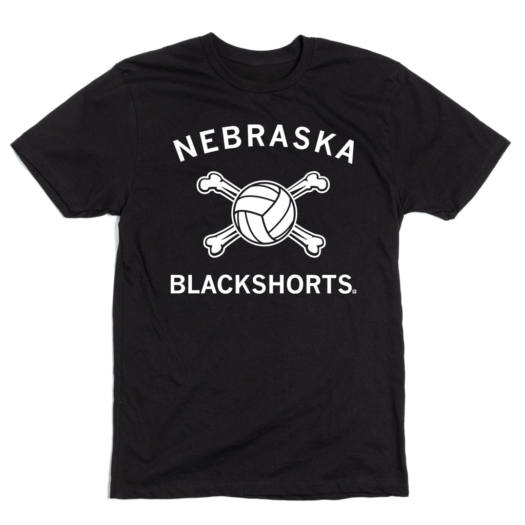 Black volleyball blackshorts t-shirt with NEBRASKA printed above a volleyball crossed with two bones, and BLACKSHORTS printed below in white text.