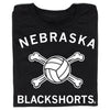 Black t-shirt with white text reading NEBRASKA above a volleyball crossed with two bones, and BLACKSHORTS below.
