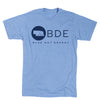 Athletic blue t-shirt with a navy blue logo featuring the outline of Nebraska, the text BDE, and the words BLUE DOT ENERGY underneath.
