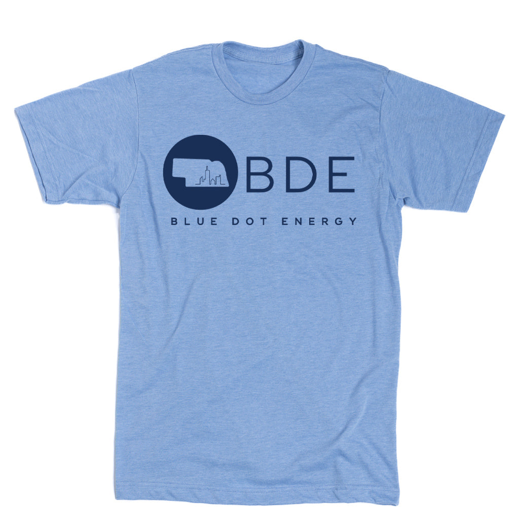 Athletic blue t-shirt with a navy blue logo featuring the outline of Nebraska, the text BDE, and the words BLUE DOT ENERGY underneath.