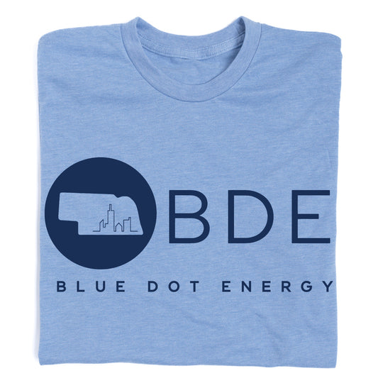 Light blue Union Labor t-shirt with a navy Blue Dot Energy logo featuring the outline of Nebraska inside a circle, the letters BDE, and the brand text.