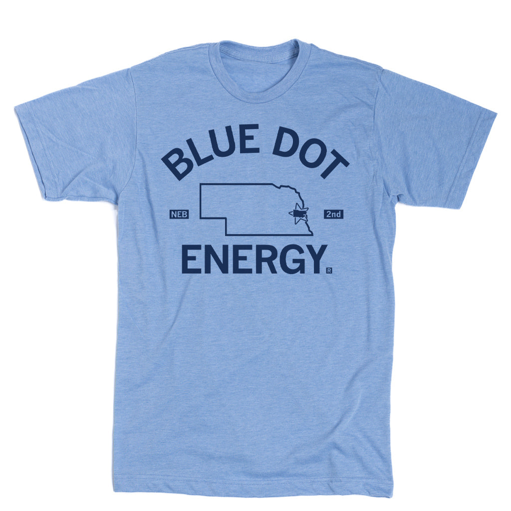 Light blue union-made t-shirt featuring the Blue Dot Energy text above an outline of Nebraska with a star in the eastern part of the state.