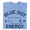 Light blue Union made t-shirt with the text BLUE DOT ENERGY and an outline of Nebraska featuring a star over the eastern portion.