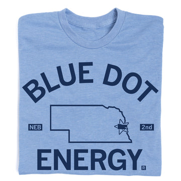 Light blue Union made t-shirt with the text BLUE DOT ENERGY and an outline of Nebraska featuring a star over the eastern portion.