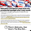 Nebraska Examiner article on the presidential race in the state’s 2nd District, featuring election buttons and a graphic referencing the Omaha yard sign movement for the Blue Dot of Nebraska.