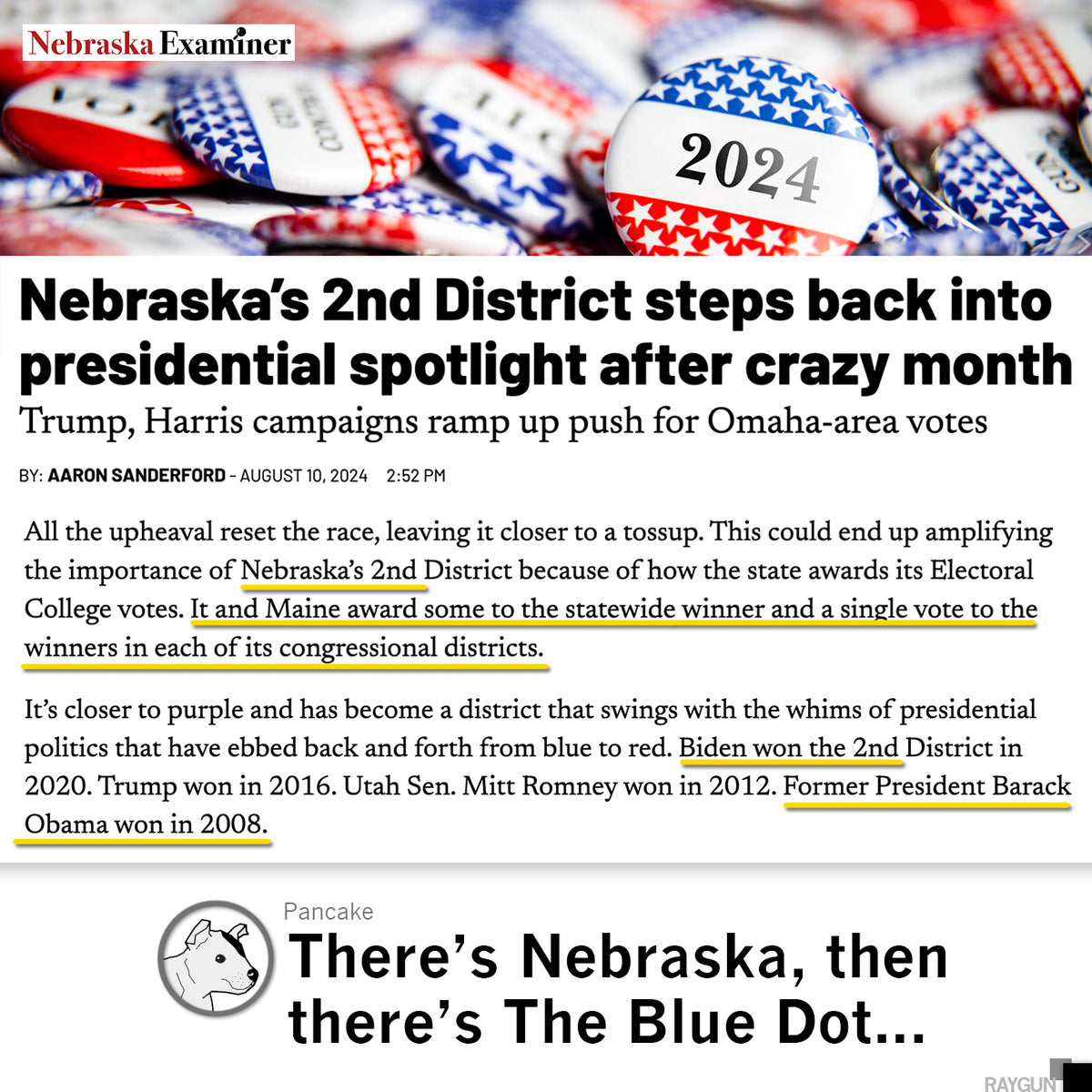 Nebraska Examiner article on the presidential race in the state’s 2nd District, featuring election buttons and a graphic referencing the Omaha yard sign movement for the Blue Dot of Nebraska.