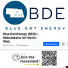 Facebook group page for Blue Dot Energy featuring a logo with a Nebraska silhouette, a Join group button, and a promotional graphic showing an athletic blue t-shirt next to a QR code with the text Join the movement!.