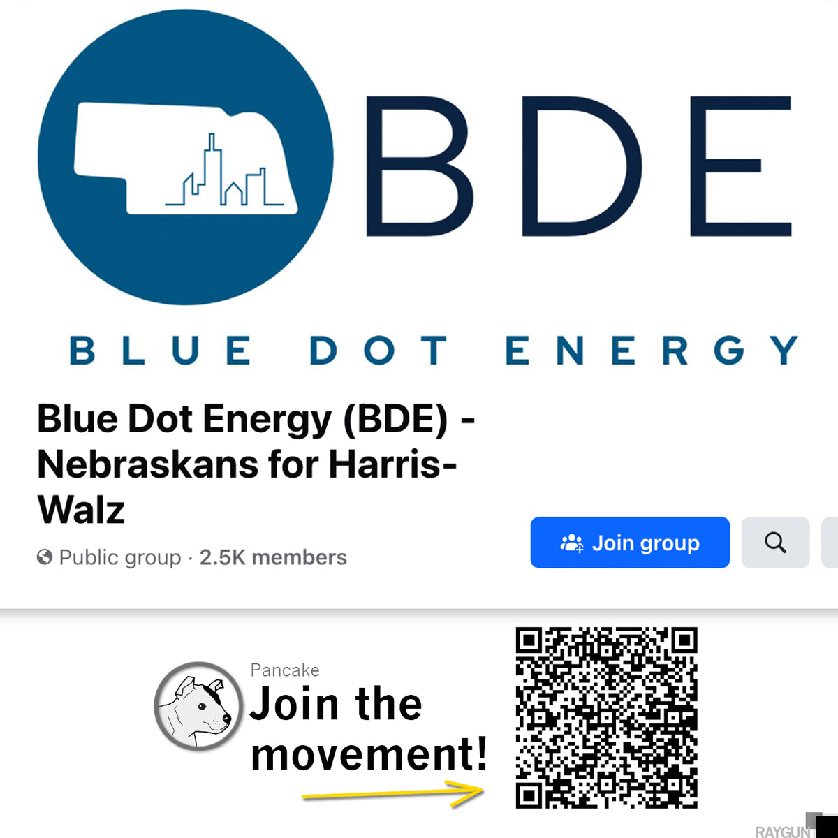 Facebook group page for Blue Dot Energy featuring a logo with a Nebraska silhouette, a Join group button, and a promotional graphic showing an athletic blue t-shirt next to a QR code with the text Join the movement!.