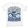 Union-made white t-shirt with a Creighton Bluejays graphic featuring the mascot, the team name, and the text, We will fight till the fight is won.