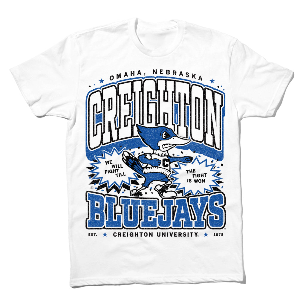 Union-made white t-shirt with a Creighton Bluejays graphic featuring the mascot, the team name, and the text, We will fight till the fight is won.