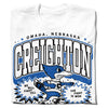 White Creighton University union made t-shirt featuring the school name above a Bluejays mascot graphic and the text, We will fight till the fight is won.