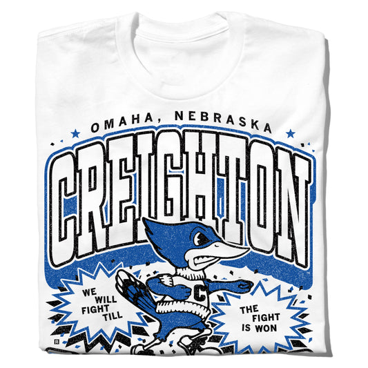 White Creighton University union made t-shirt featuring the school name above a Bluejays mascot graphic and the text, We will fight till the fight is won.