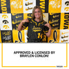 A woman wears a charcoal t-shirt featuring an Iowa softball jersey with the number 14 in front of an Iowa Hawkeyes backdrop. Below the image, text reads: APPROVED & LICENSED BY BRAYLEN CONLON!.