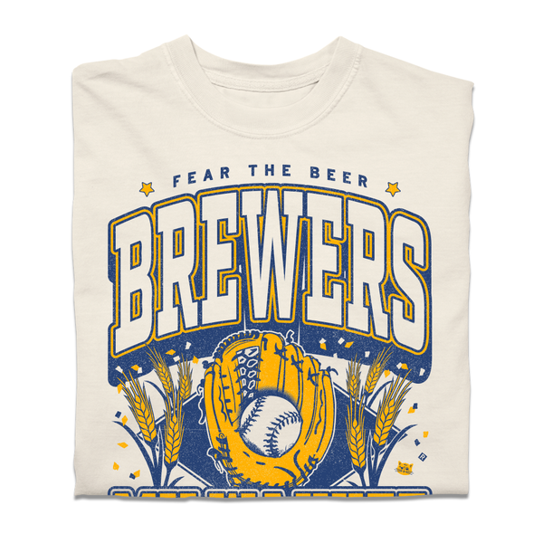 A heavyweight off-white t-shirt with gold and blue ink that reads 