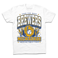 Short-sleeve white t-shirt with gold and blue ink that reads "Fear the beer. Milwaukee Brewers. American Family Field." with a baseball landing in a mitt in the center and beer hops growing on either side.