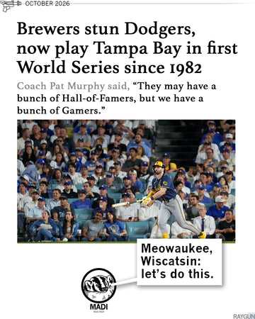 A RAYGUN news article about the Milwaukee Brewers facing the Tampa Bay Rays in the World Series. Picture of a baseball player. RAYGUN character Madi the badger is saying "Meowaukee, Wiscatsin: let's do this." 