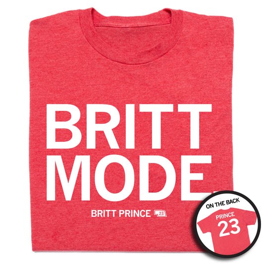Heather red t-shirt with BRITT MODE printed in white, featuring a small BRITT PRINCE 23 logo and an inset image showing the back of the shirt with PRINCE 23 printed on it.