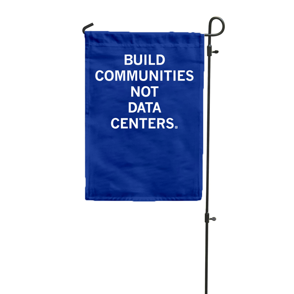 Royal blue garden flag with centered white text that says, 