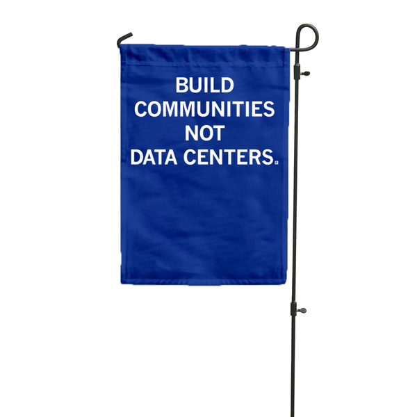 Royal blue garden flag with centered white text that says, 