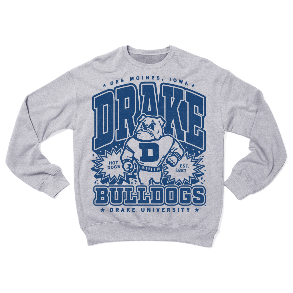 Gray Athletic Heather crewneck sweatshirt featuring a blue Drake Bulldogs graphic with a bulldog mascot, Des Moines, Iowa text, and Est. 1881.