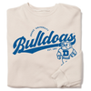 Heather dust crewneck sweatshirt featuring a royal blue Drake University Bulldogs logo and mascot.