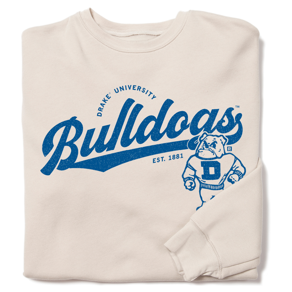 Heather dust crewneck sweatshirt featuring a royal blue Drake University Bulldogs logo and mascot.