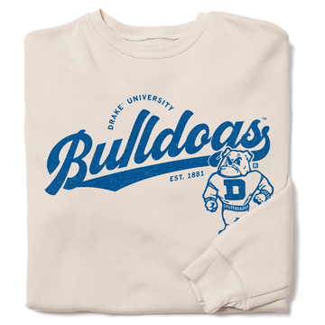 Heather dust crewneck sweatshirt featuring a royal blue Drake University Bulldogs logo and mascot.