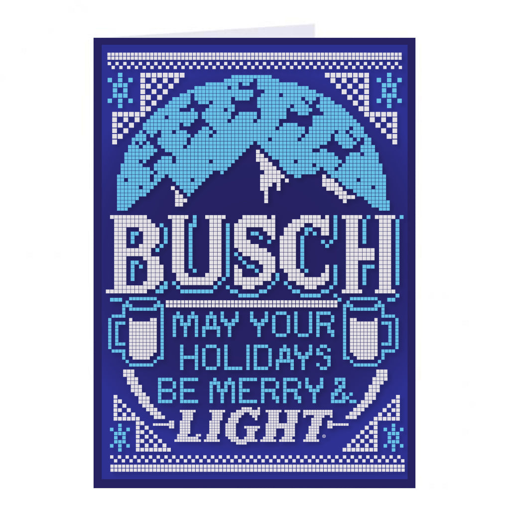 Busch Light holiday greeting card with a blue pixelated design featuring mountains, reindeer, beer mugs, and the text May your holidays be merry & light.