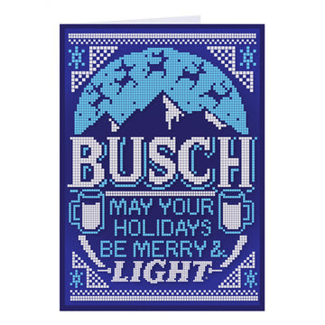 Busch Light holiday greeting card with a blue pixelated design featuring mountains, reindeer, beer mugs, and the text May your holidays be merry & light.