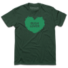 Forest green T-shirt with a green leaf-shaped heart graphic containing the text BUSH LOVER.